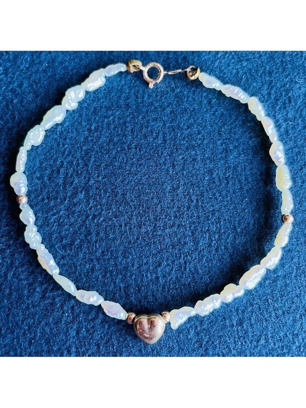 Vintage 14k Gold Heart Charm Freshwater Pearl Beaded Antique Bracelet